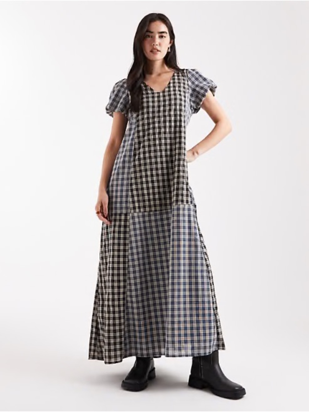 Daisy Street short puff sleeve maxi dress in mixed plaid NWT